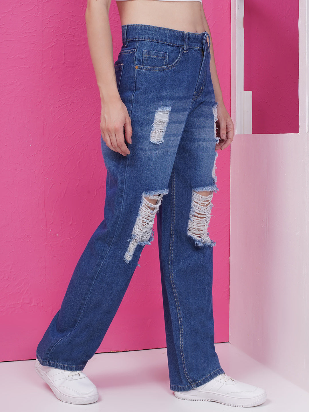 PUELLA Women’s Dark Blue High-Rise Distress Straight Fit Jeans