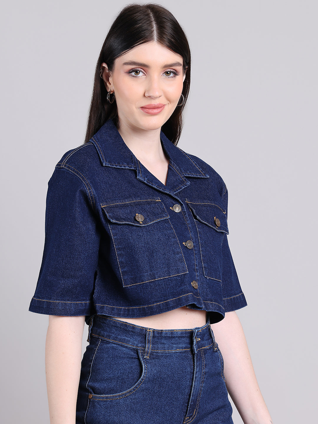 PUELLA Women’s Denim Crop Jacket with Half Sleeves & Button Closure