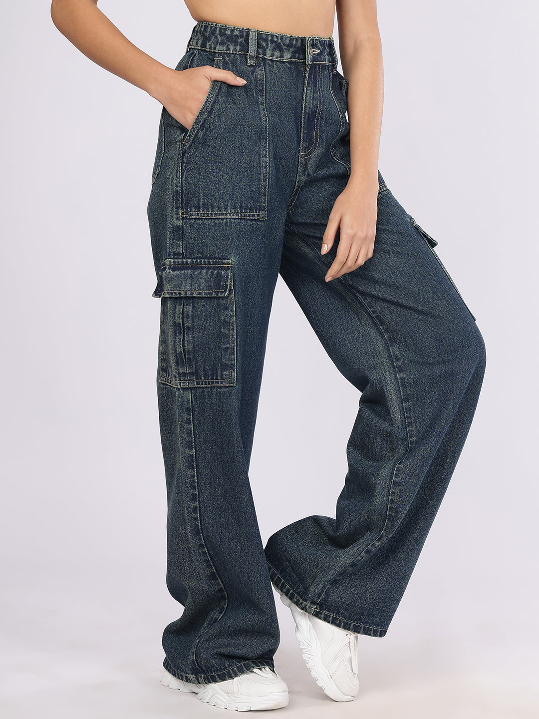 Women’s Dark Blue High-Rise Baggy Cargo Denim Jeans