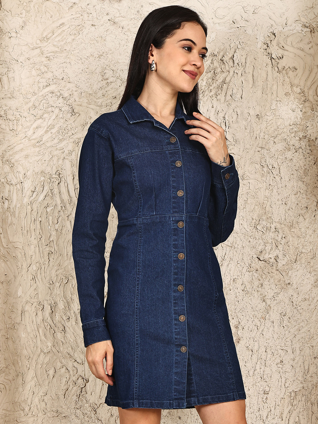 PUELLA Women’s Dark Blue Button-Down Denim Shirt Dress with Long Sleeves