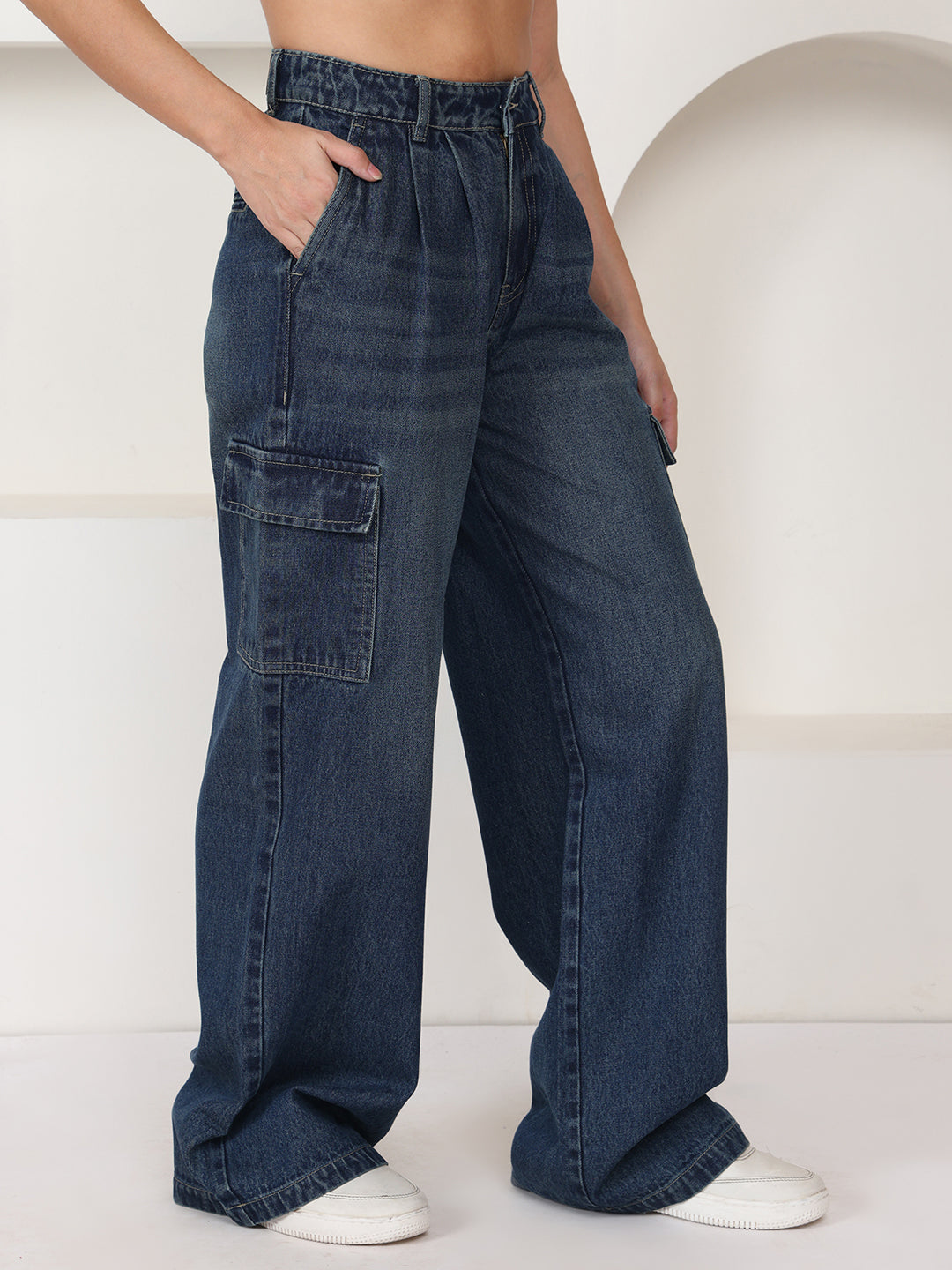 PUELLA Women Dark Blue Light-Fade High-Rise Baggy Cargo Jeans