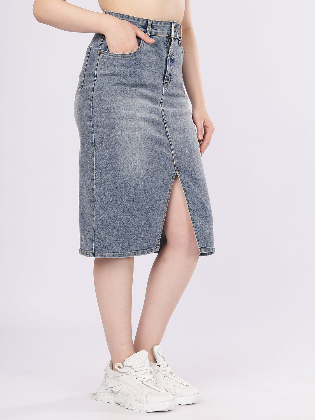 Women’s Mid Blue Denim Pencil Skirt with Front Slit