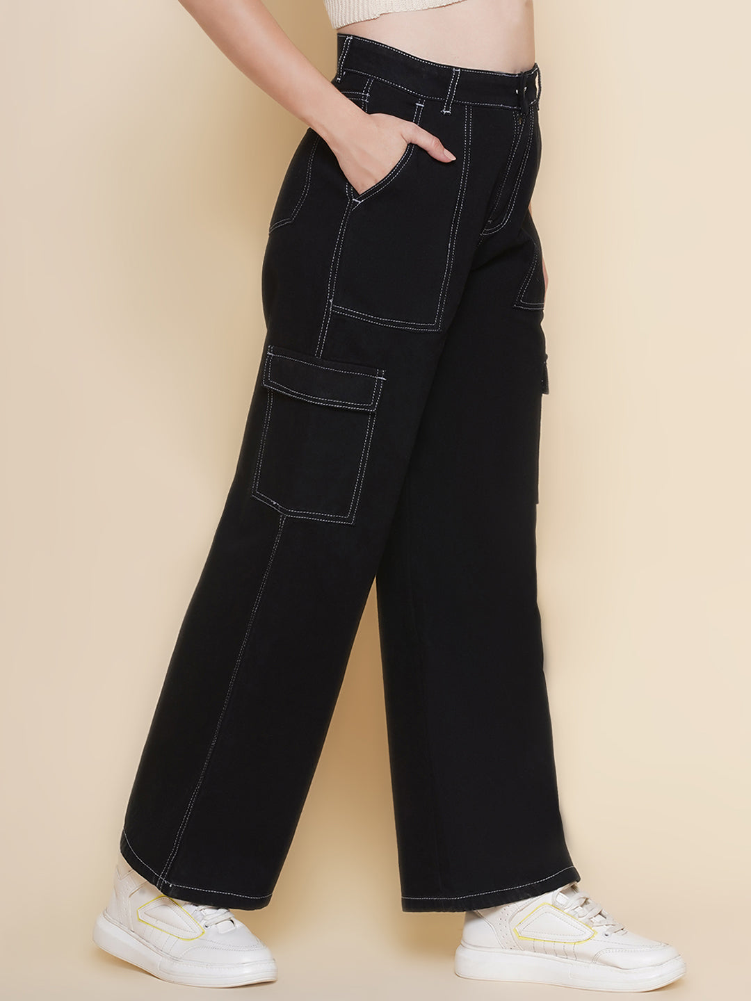 PUELLA Women’s Black Cargo Straight Fit stretchable Jeans with Contrast Stitching – Multi-Pocket Utility Denim