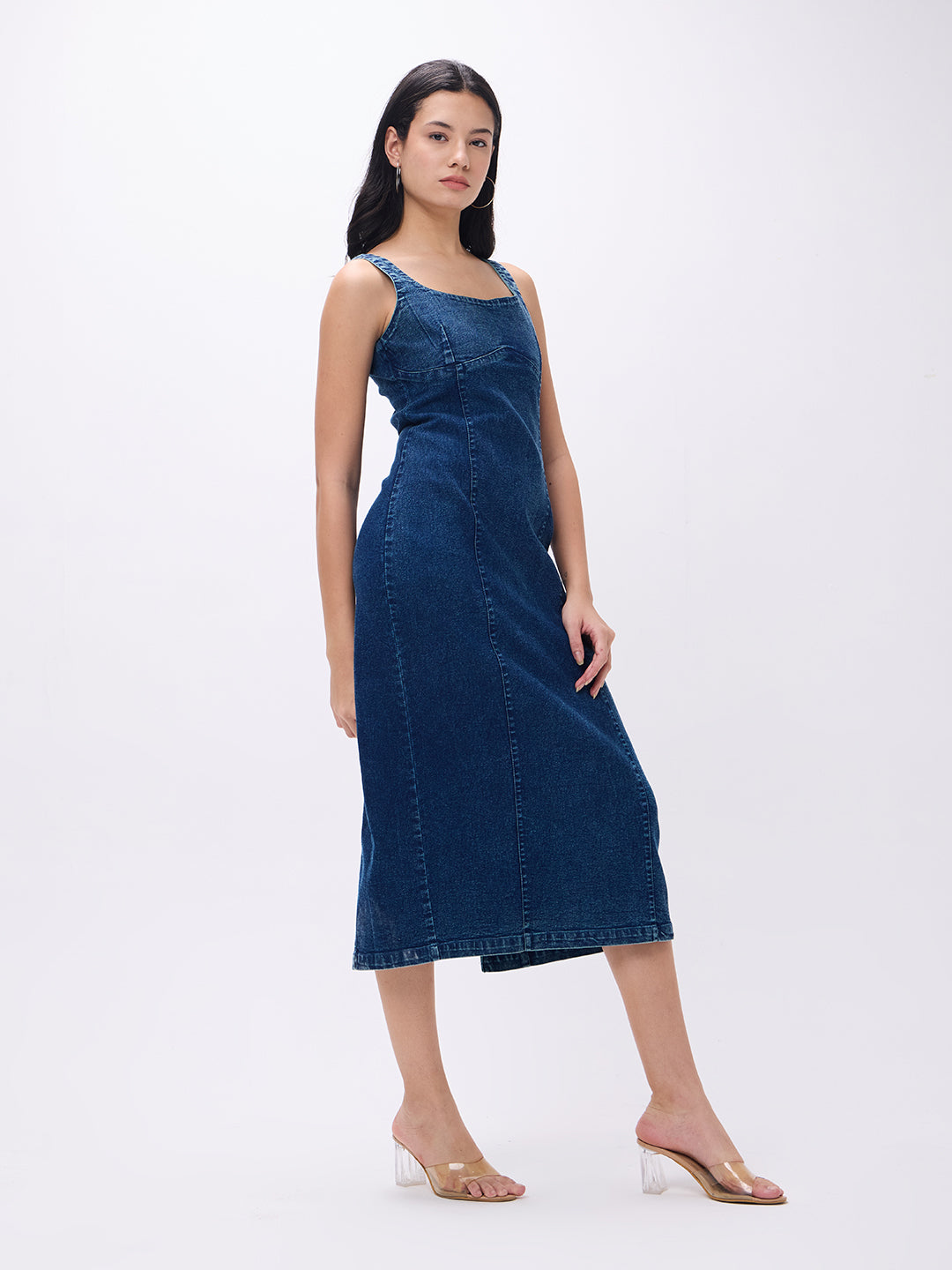 PUELLA Women’s Blue Denim Bodycon Midi Dress with Back Slit