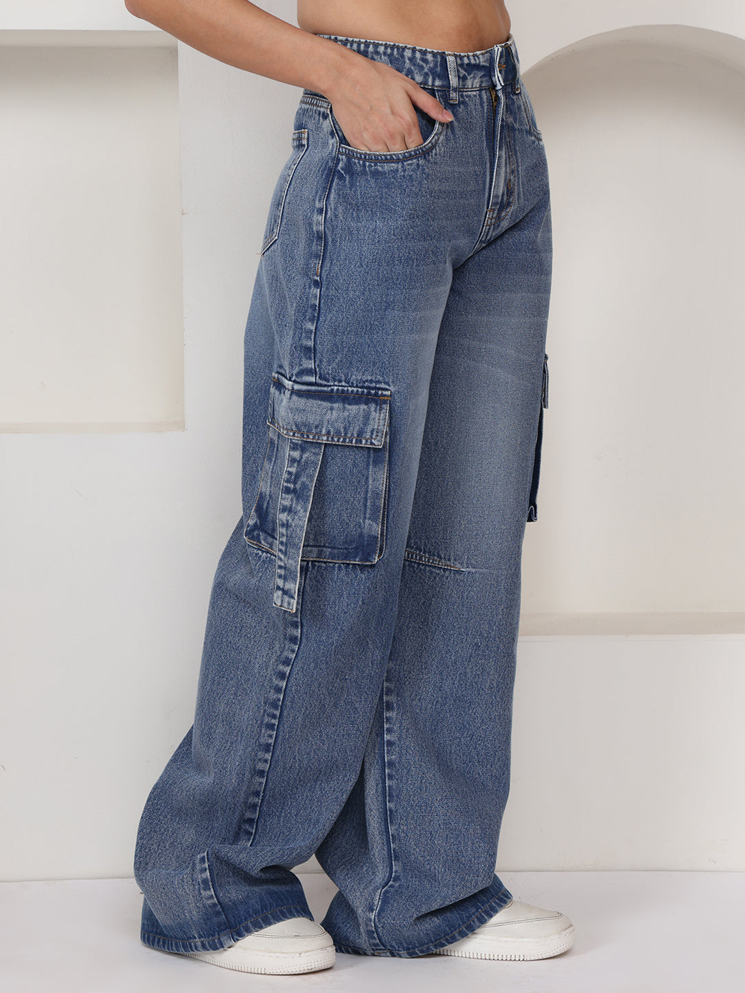 PUELLA Women Medium Blue High-Rise Baggy Cargo Jeans