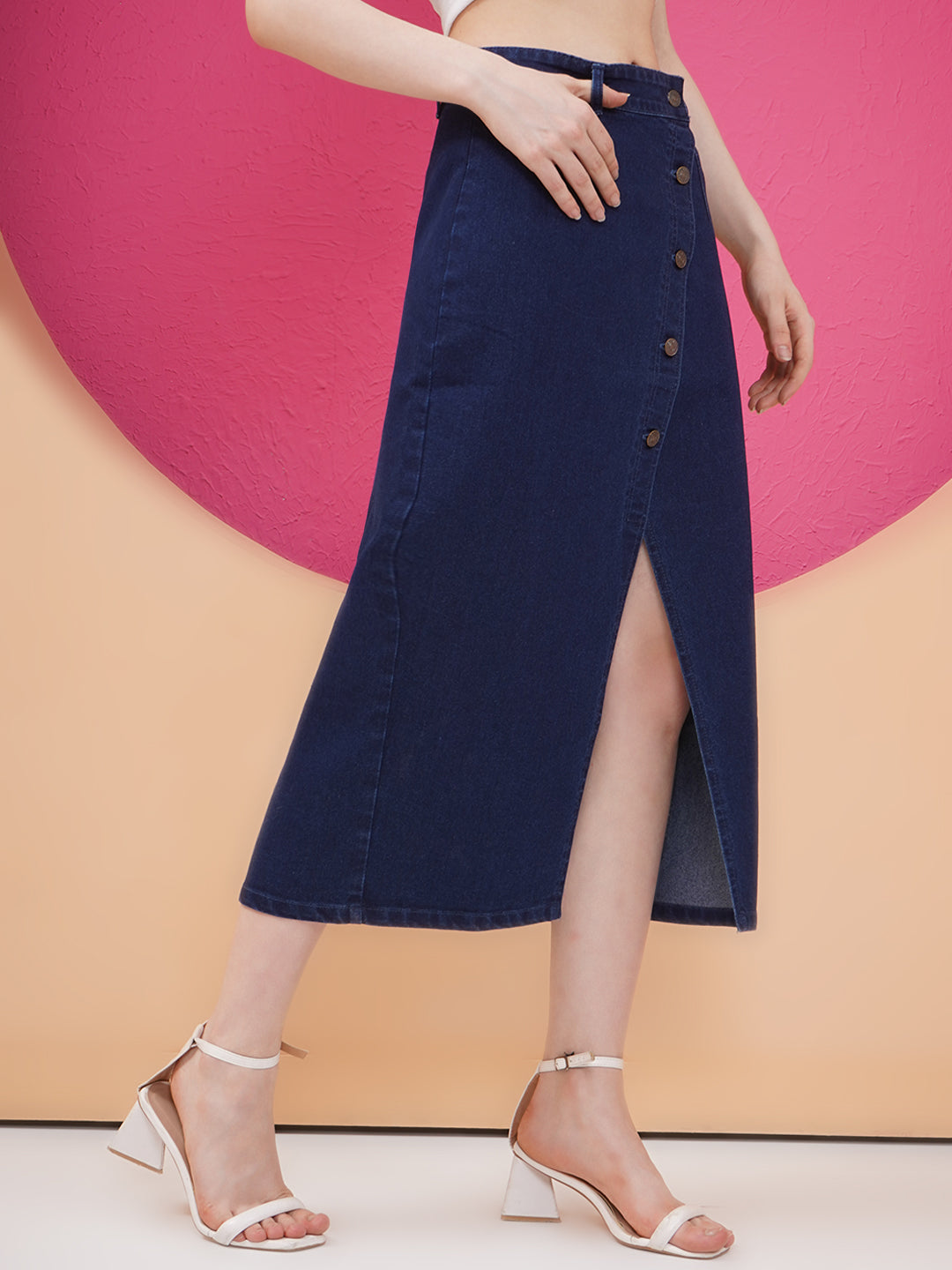 PUELLA Women’s Dark Blue High-Rise Midi Denim Skirt with Front Slit & Button Detailing