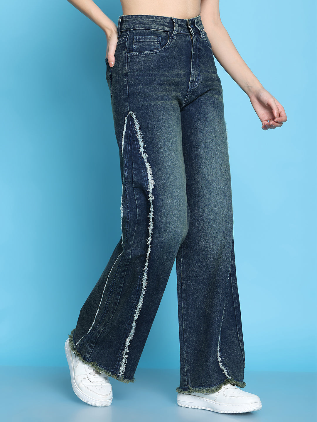 PUELLA Women High-Rise Dark Blue Side Frayed Seam Wide-Leg Jeans