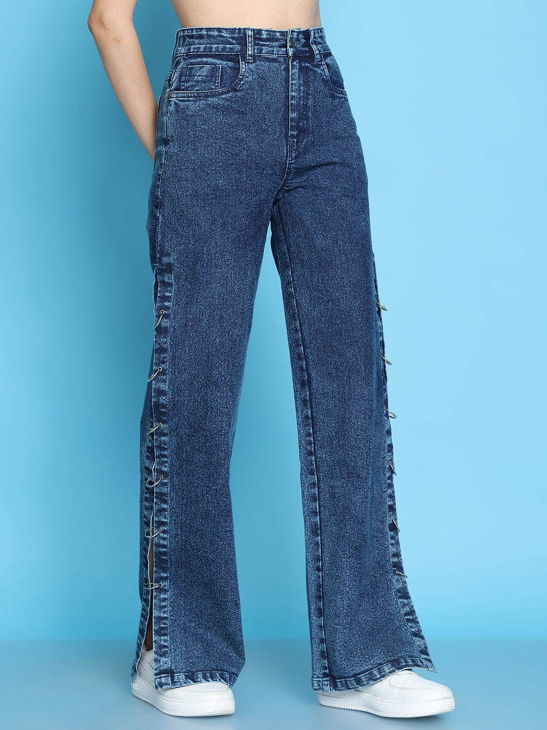 PUELLA Women High-Rise Dark Blue Side Slit Wide-Leg Jeans with Metal Ring Detailing