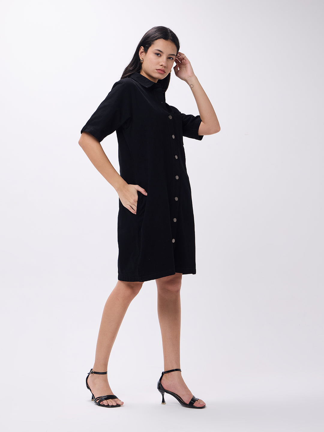 PUELLA Women’s Black Denim Shirt Dress with Half Sleeves & Button-Down Front
