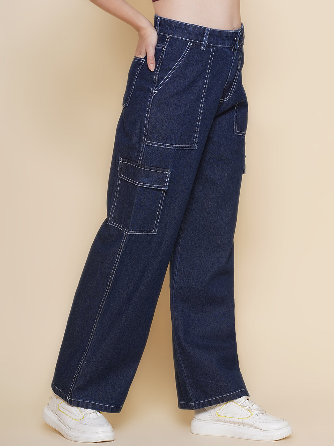 PUELLA Women’s Black Cargo Straight Fit stretchable Jeans with Contrast Stitching – Multi-Pocket Utility Denim