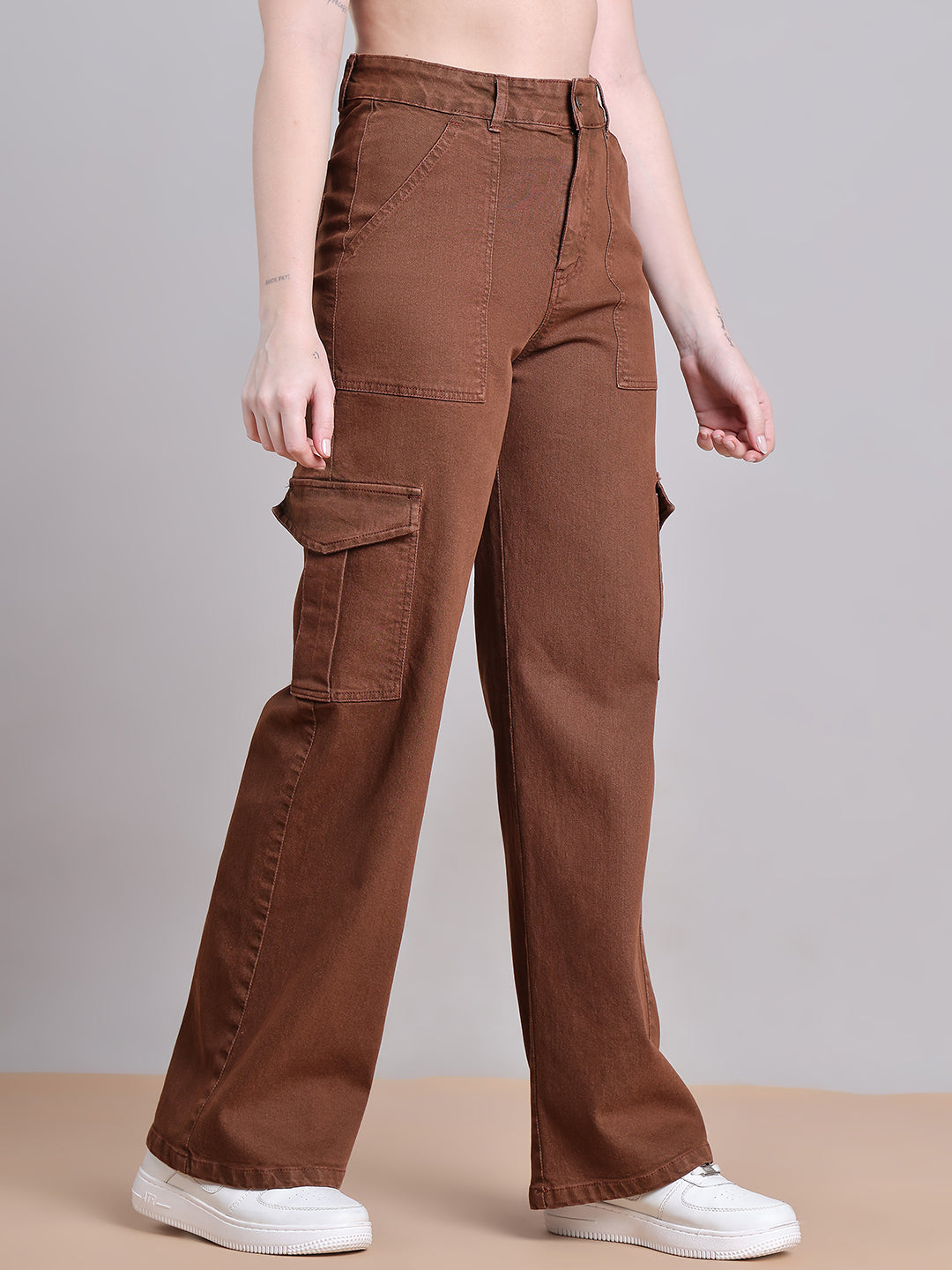 PUELLA Women Brown High-Rise Cargo Wide-Leg Jeans