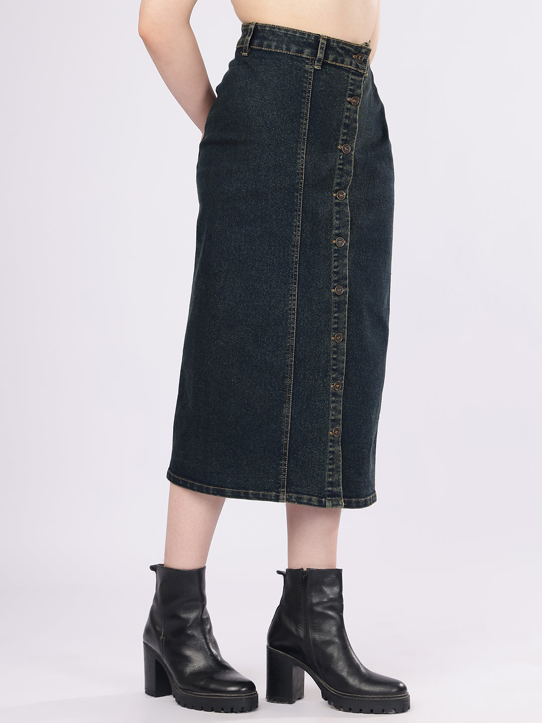 Women’s Dark Wash Paneled Denim Skirt with Front Buttons