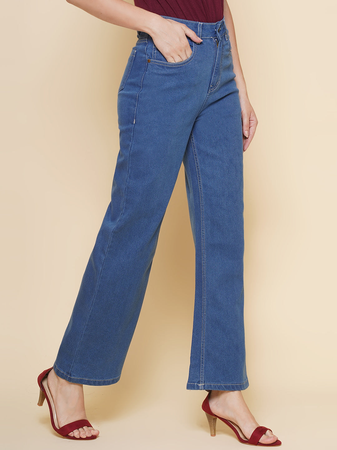 PUELLA Women’s High-Rise Wide Leg Jeans – Medium Blue Solid Denim