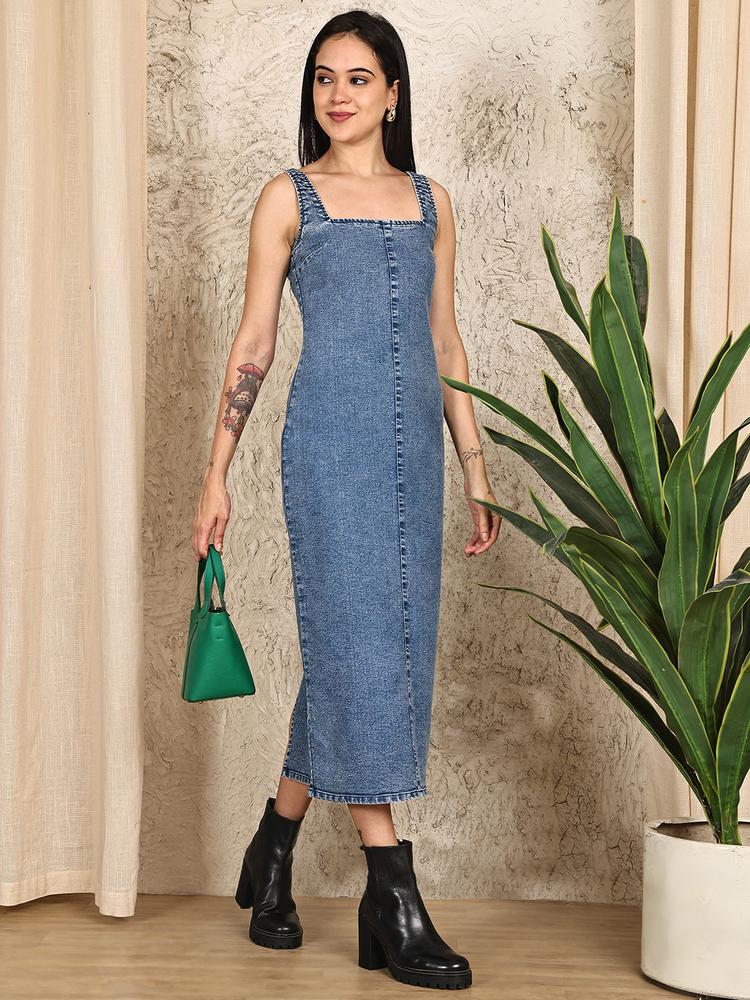PUELLA Women’s Sleeveless Bodycon Denim Midi Dress with Back Slit & Zipper