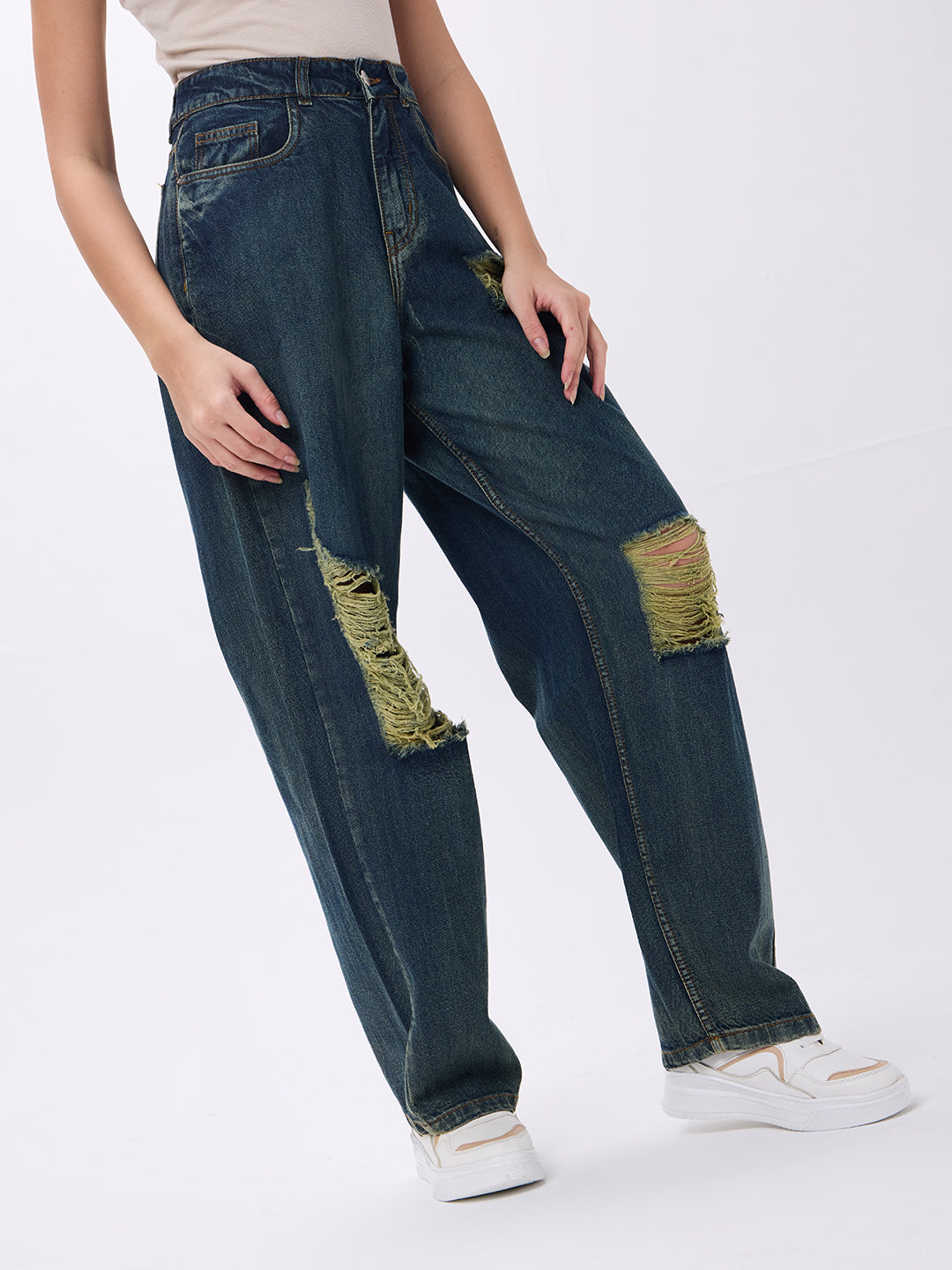 PUELLA Women High-Rise Dark Blue Distressed Wide-Leg Jeans