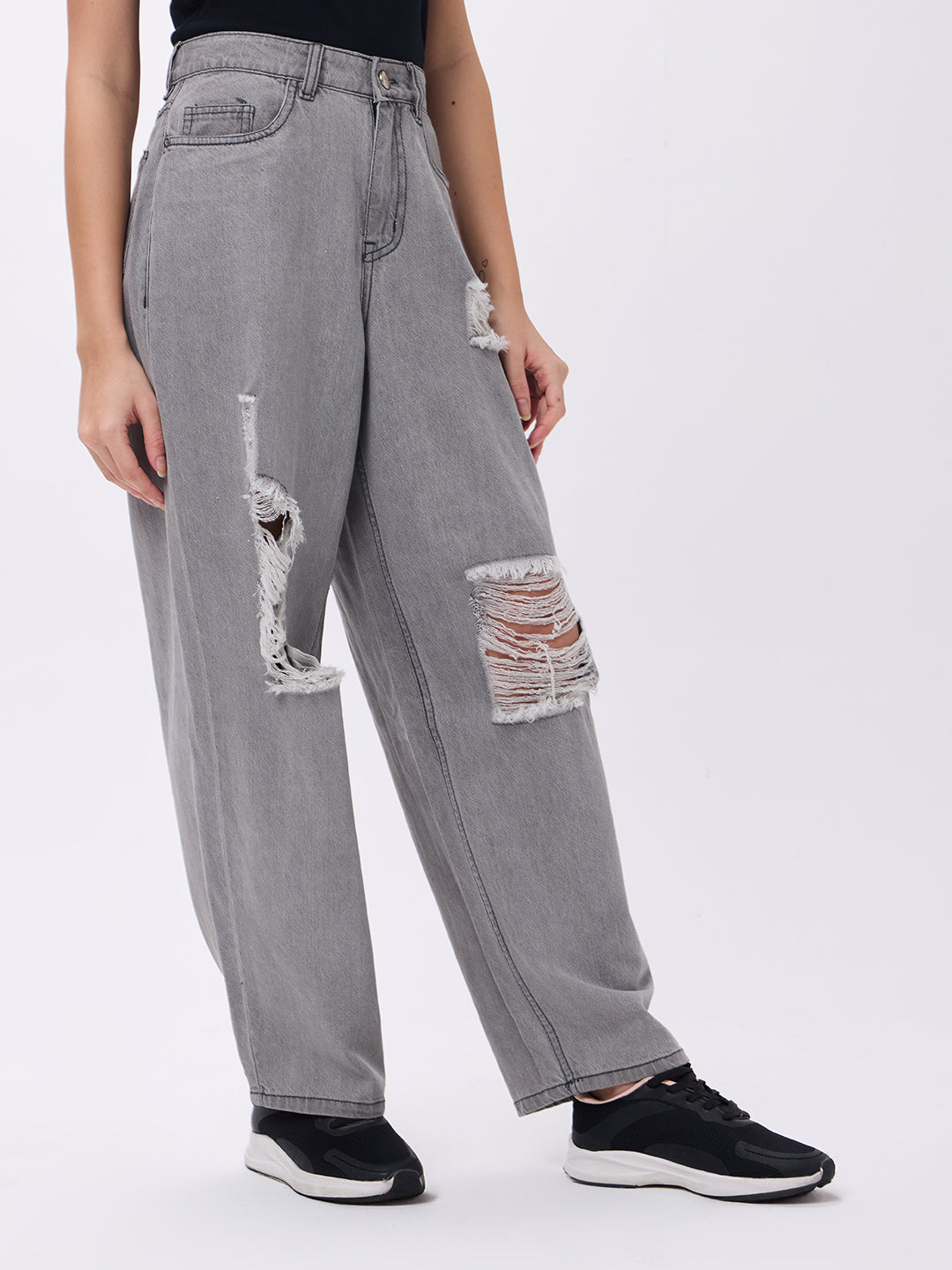 PUELLA Women High-Rise Grey Distressed Wide-Leg Jeans