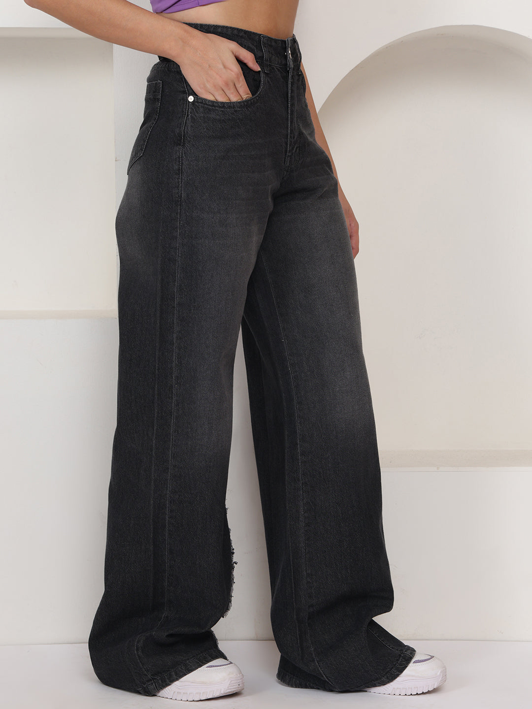 PUELLA Women Dark Grey High-Rise Wide Leg Jeans
