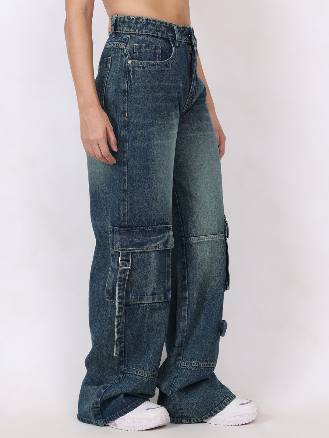 PUELLA Women Dark Blue High-Rise Baggy Cargo Jeans