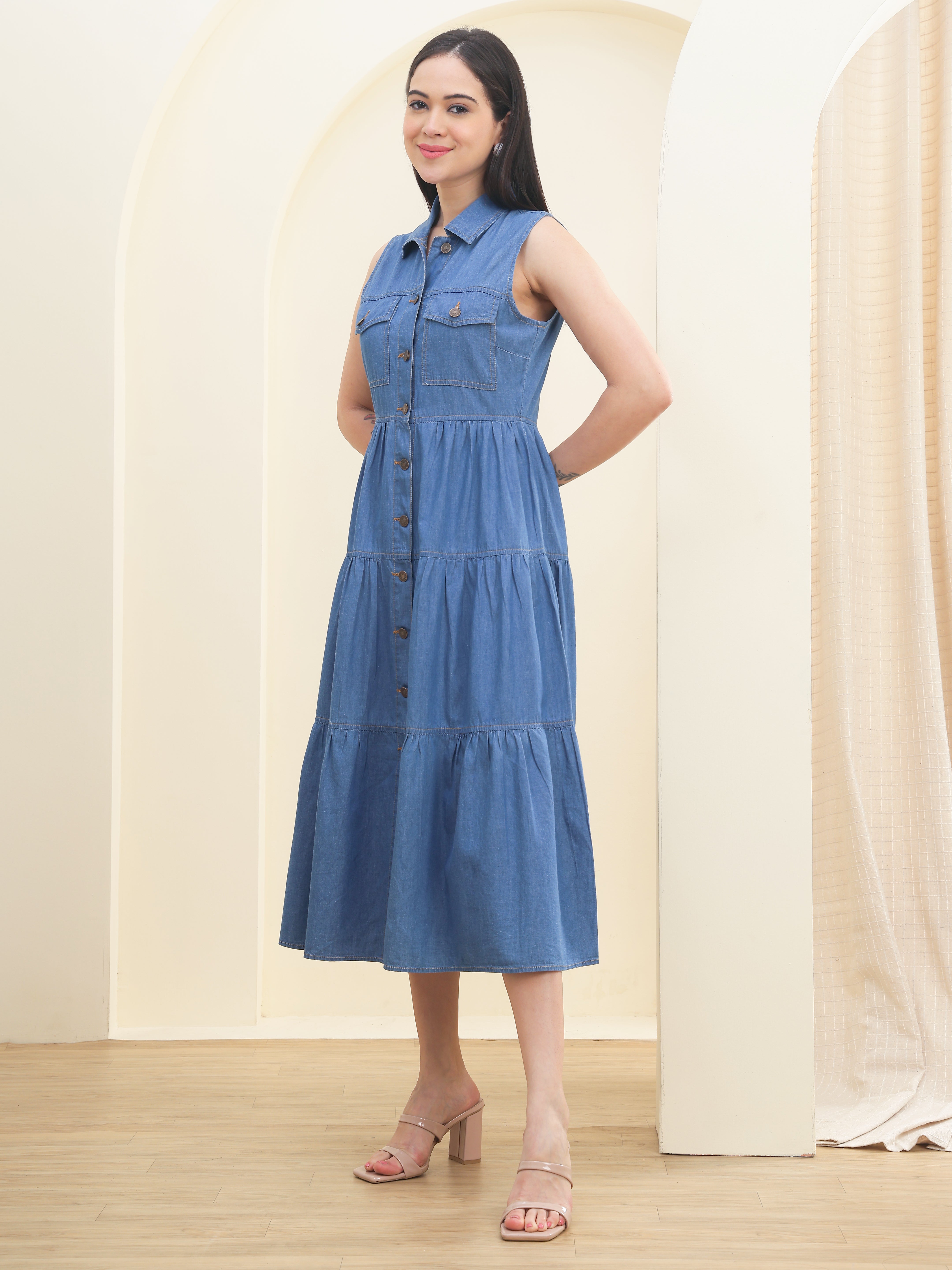 DOZER Light Blue Denim Sleeveless Shirt Collar Maxi Dress