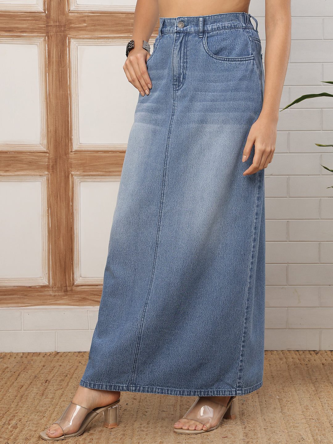 Women’s Mid Blue High-Rise Denim Long Skirt