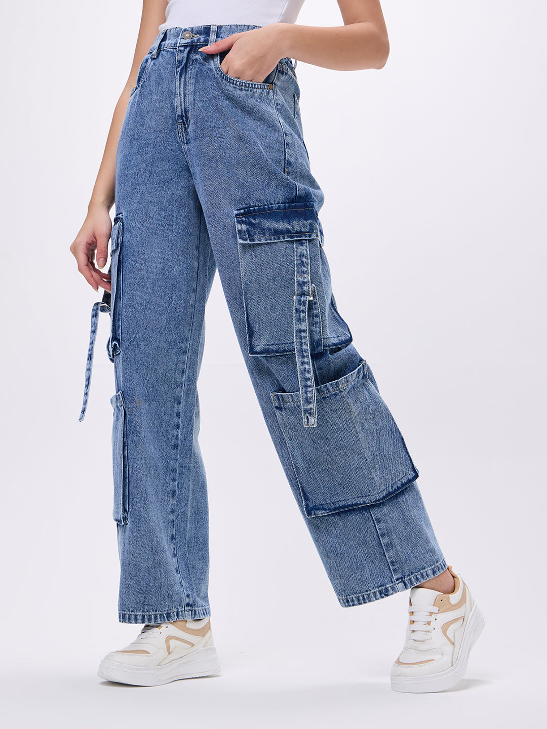 PUELLA Women High-Rise Light Blue Cargo Wide-Leg Jeans
