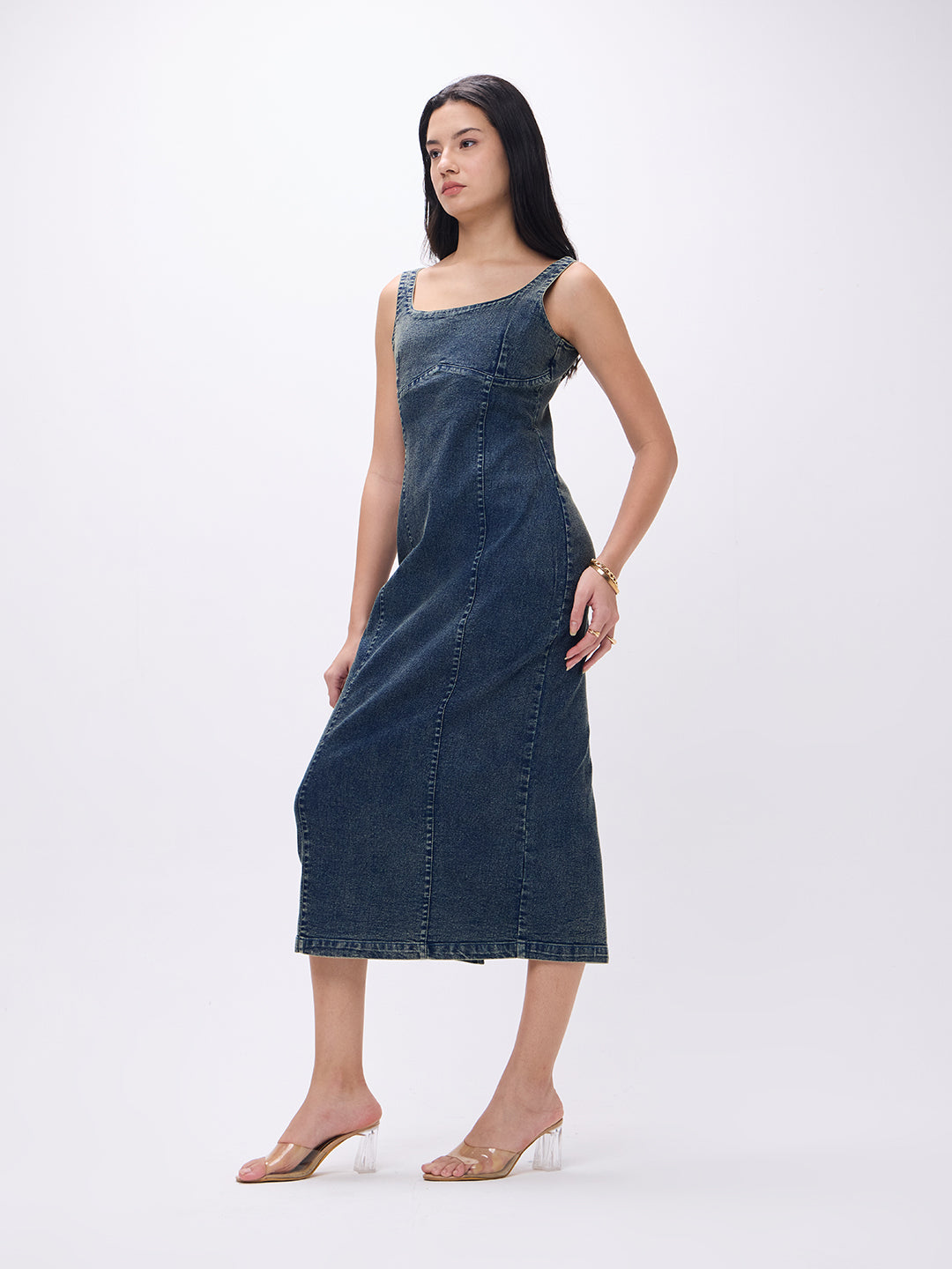 PUELLA Women’s Sleeveless Denim Bodycon Midi Dress – Dark Wash
