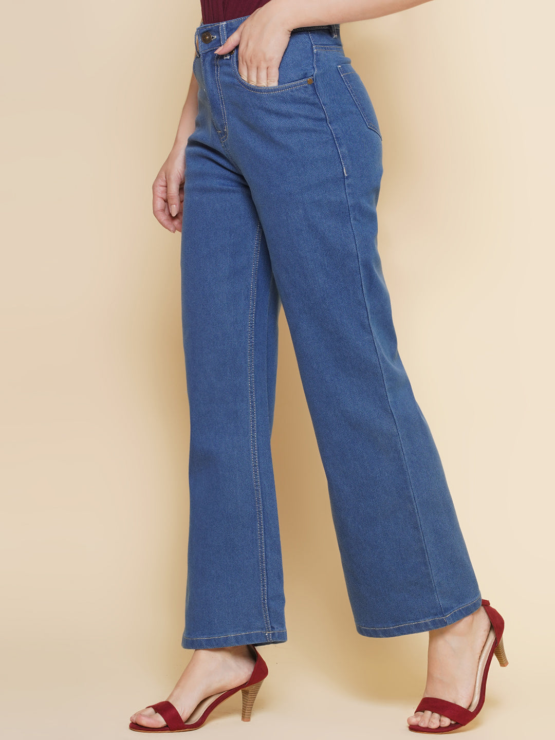 PUELLA Women’s High-Rise Wide Leg Jeans – Medium Blue Solid Denim