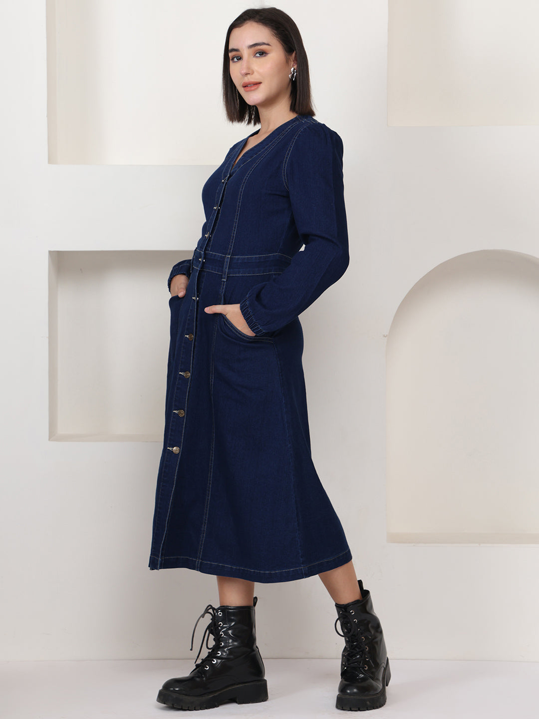 PUELLA Navy Blue Solid Denim Fit & Flare Midi Dress