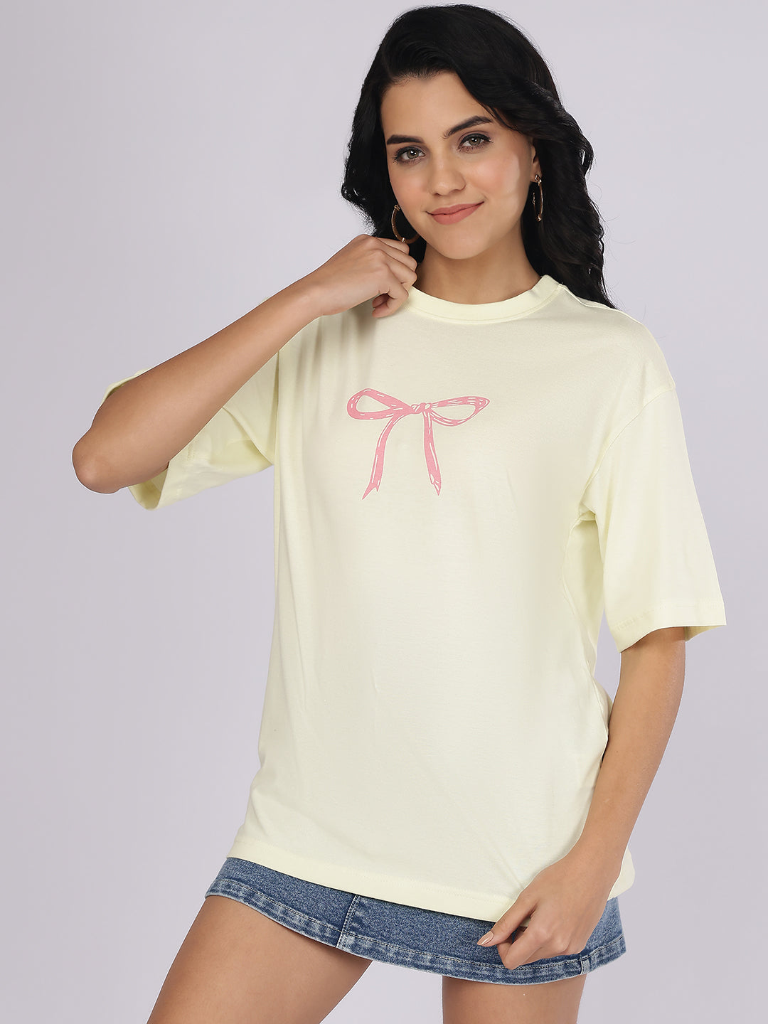 Dozer Minimalist Pink Bow Graphic Cream T-Shirt