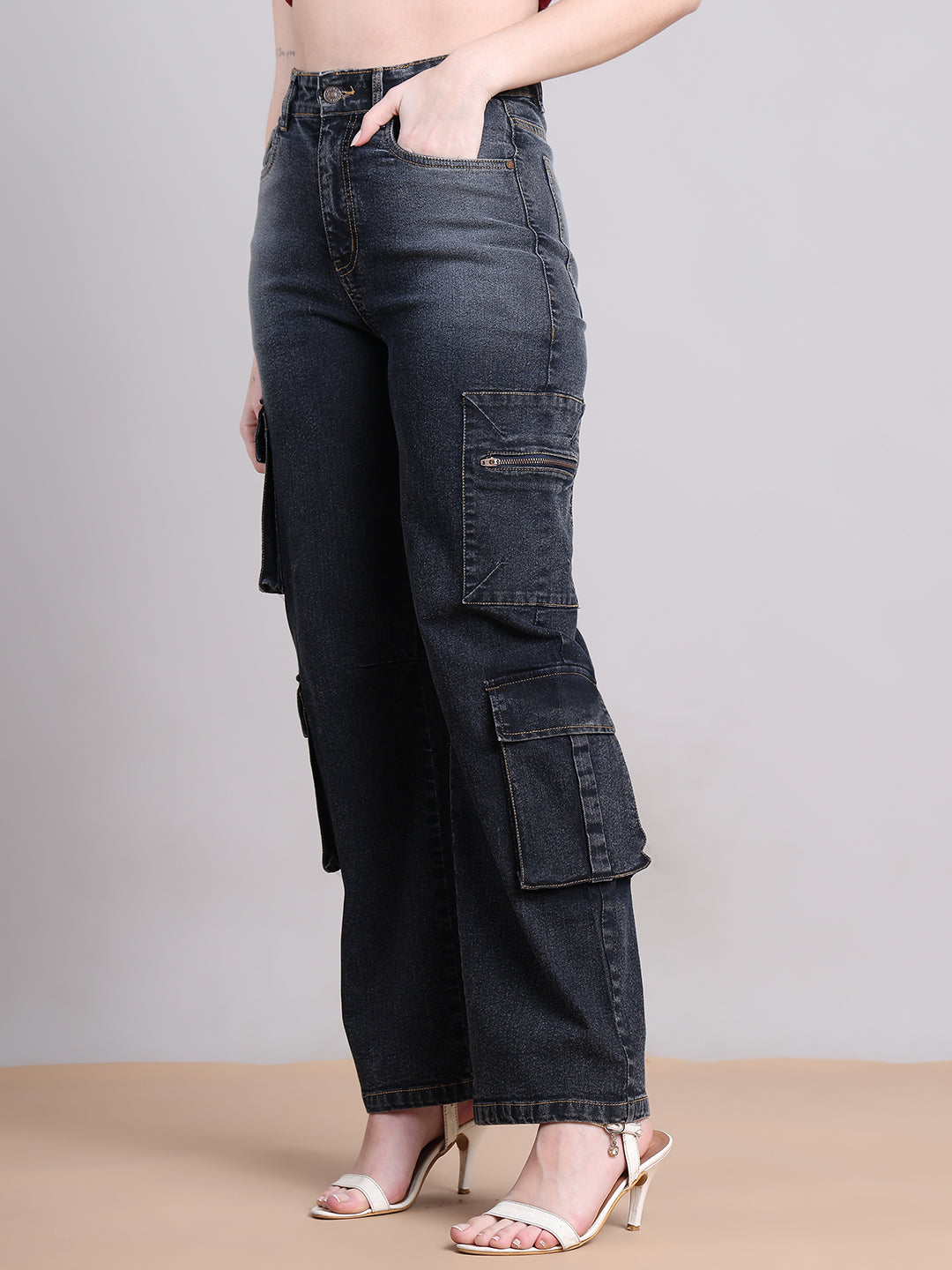 PUELLA Dark Black High-Rise Straight Fit Cargo-Style Jeans