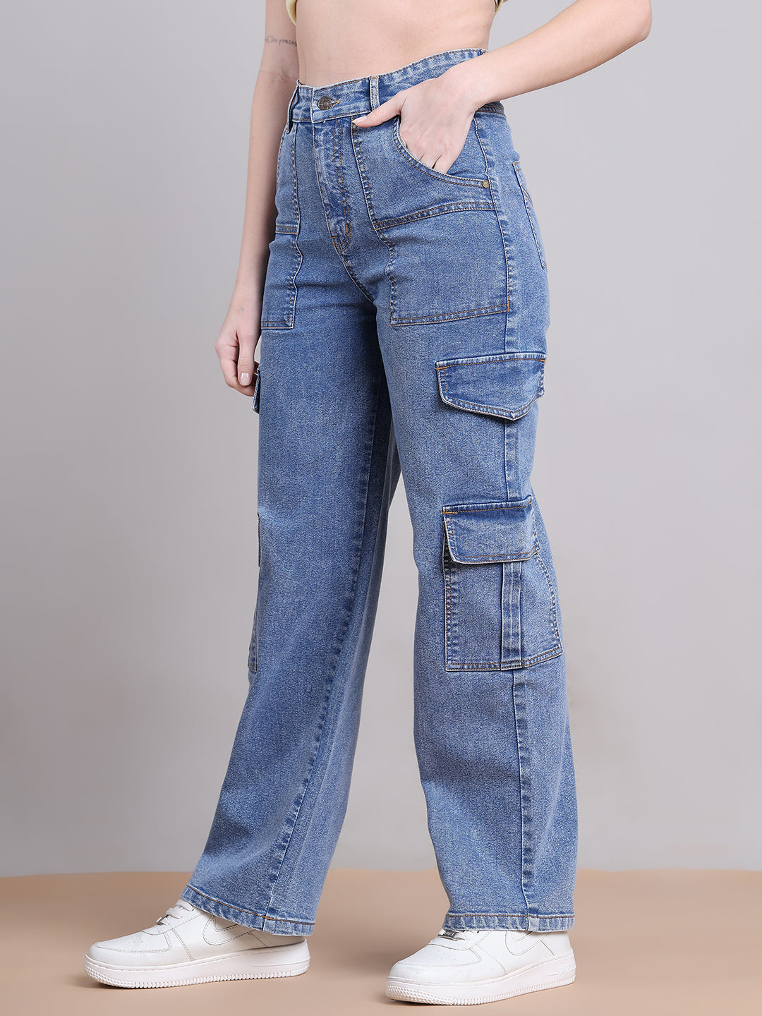 PUELLA Women Light Blue High-Rise Utility Cargo Wide-Leg Jeans