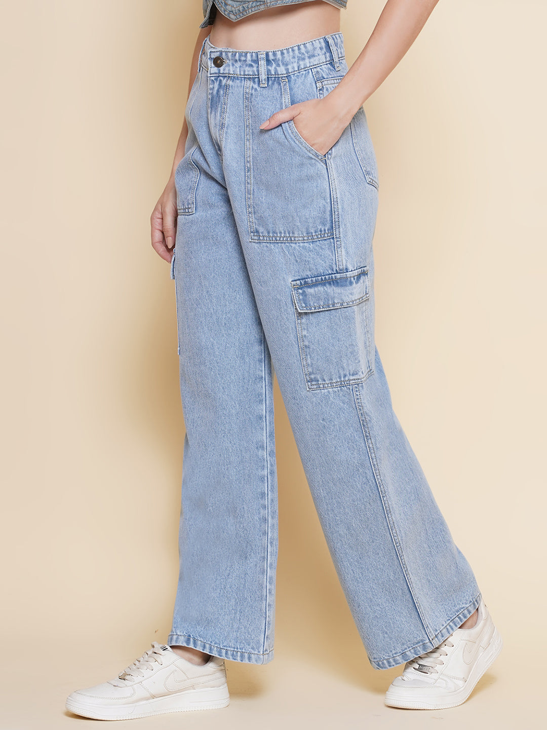 PUELLA Women’s Light Blue Cargo Straight Fit stretchable Jeans – Multi-Pocket Utility Denim