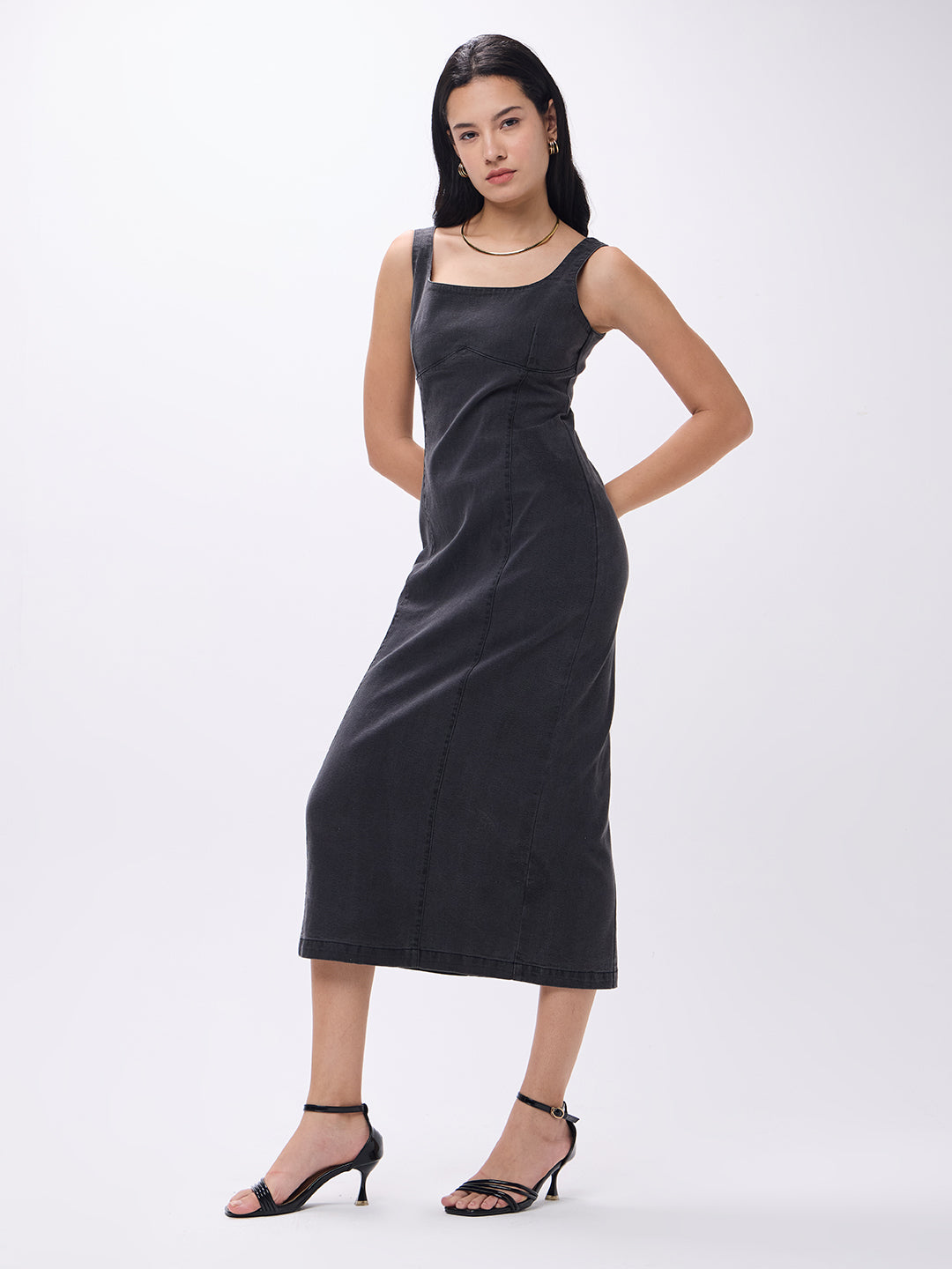 PUELLA Women's Black Denim Bodycon Midi Dress with Square Neck & Back Slit