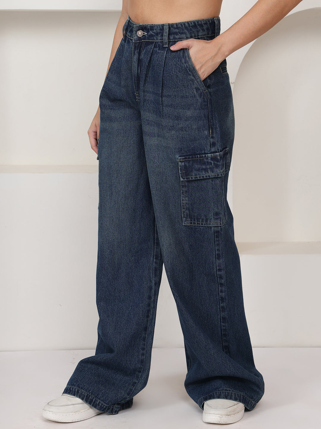 PUELLA Women Dark Blue Light-Fade High-Rise Baggy Cargo Jeans