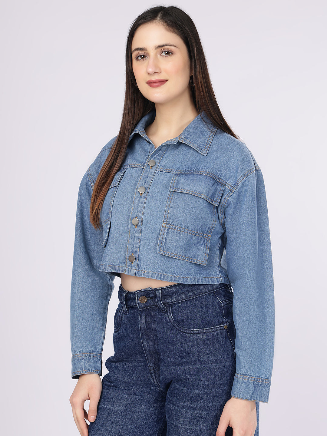 PUELLA Women's Light Blue Boxy Fit Cropped Denim Shirt