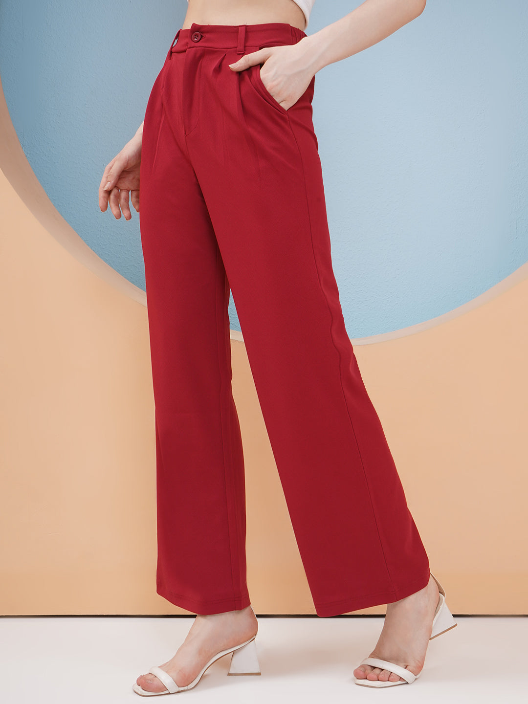 PUELLA Women Maroon High-Rise Straight Fit Trousers