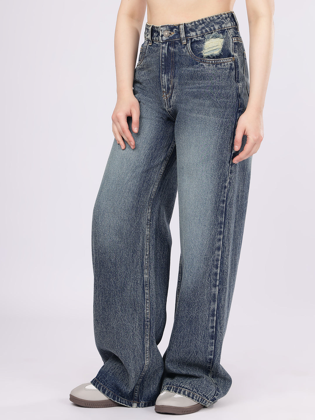 PUELLA Women's Acid Wash High-Rise Baggy Fit Jeans with Single Distress Detail