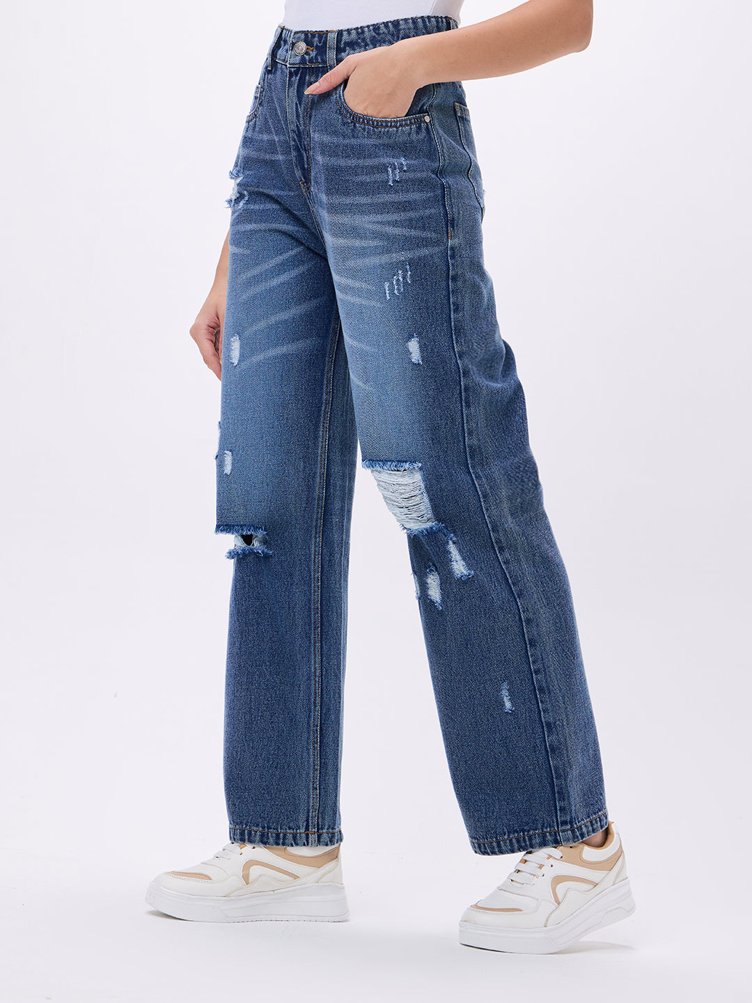 PUELLA Women High-Rise Distressed Blue Wide-Leg Jeans