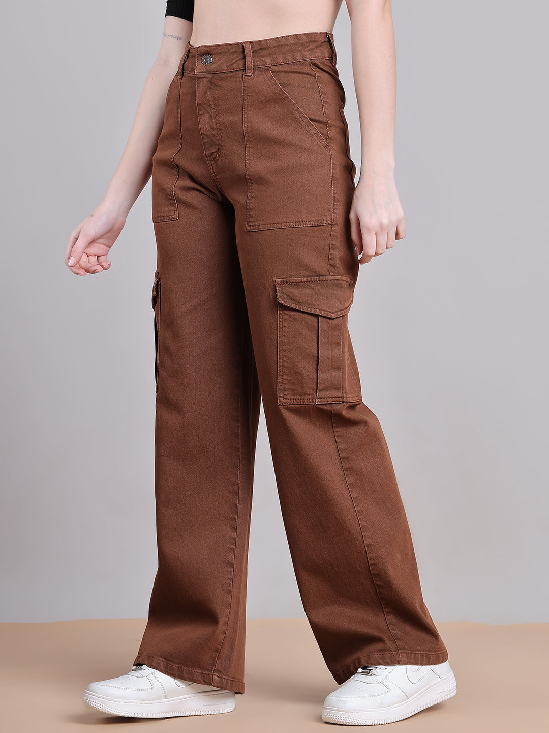 PUELLA Women Brown High-Rise Cargo Wide-Leg Jeans