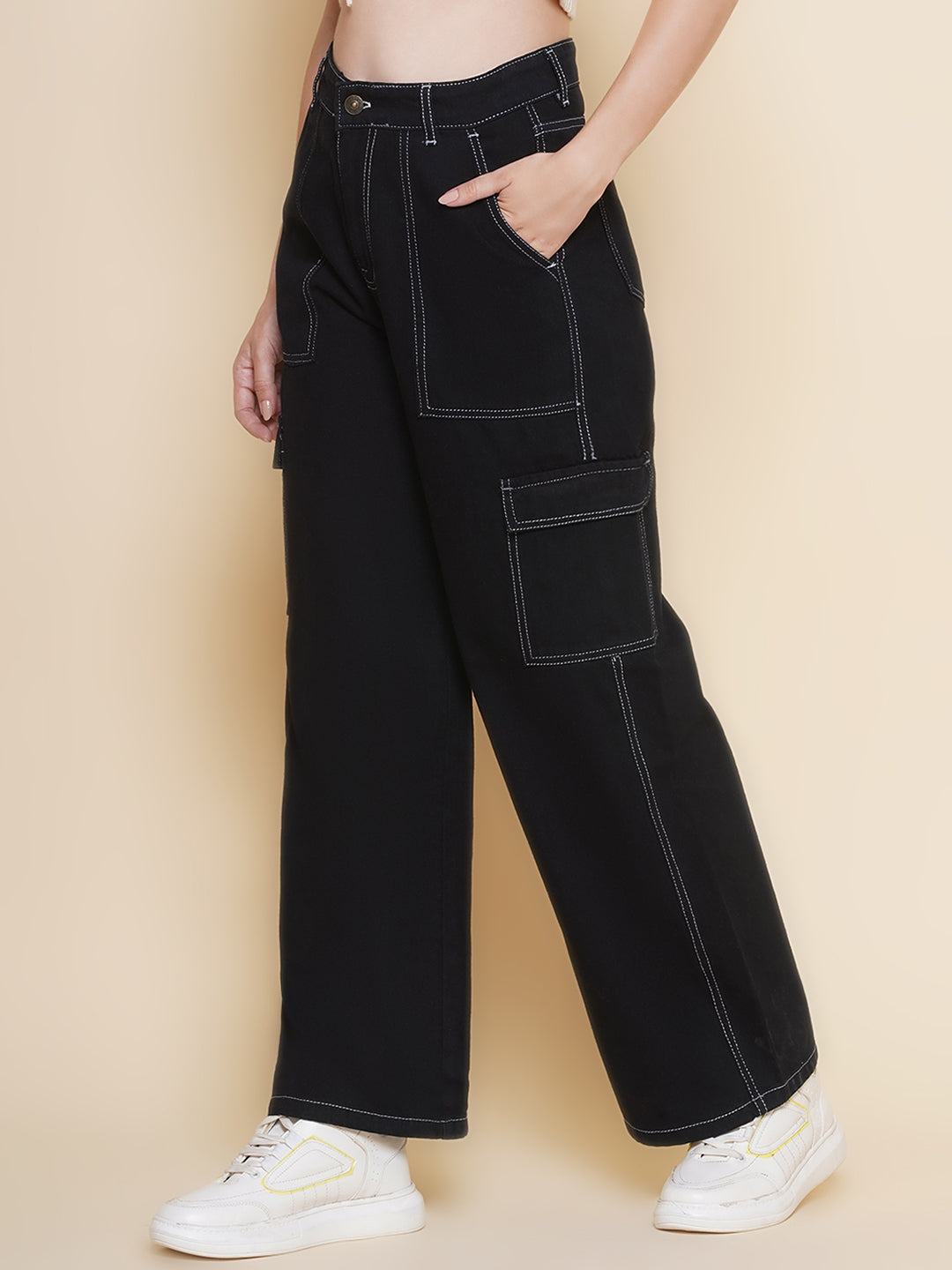 PUELLA Women’s Black Cargo Straight Fit stretchable Jeans with Contrast Stitching – Multi-Pocket Utility Denim