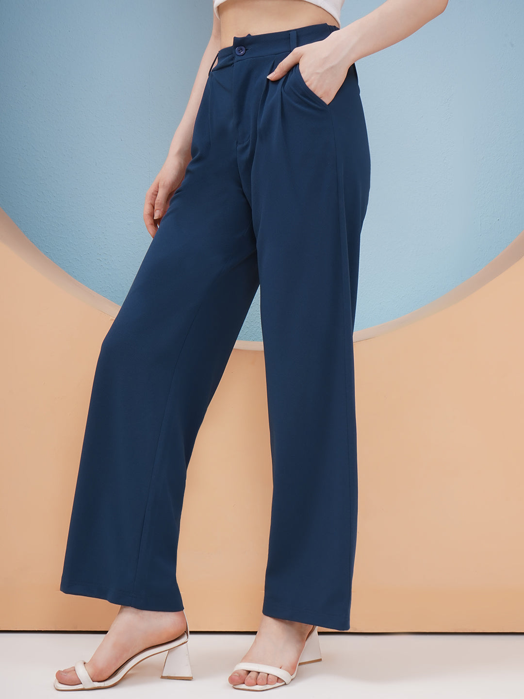 PUELLA Women Navy Blue High-Rise Straight Fit Trousers