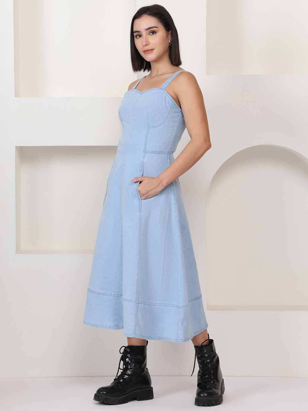 PUELLA Women Light Blue Stretch Denim Fit & Flare Midi Dress
