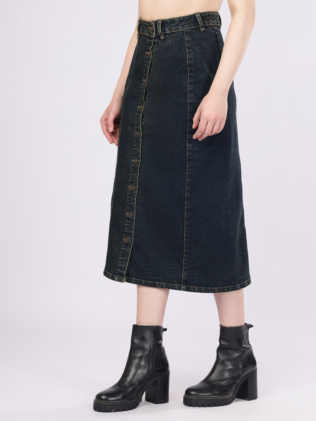 Women’s Dark Wash Paneled Denim Skirt with Front Buttons