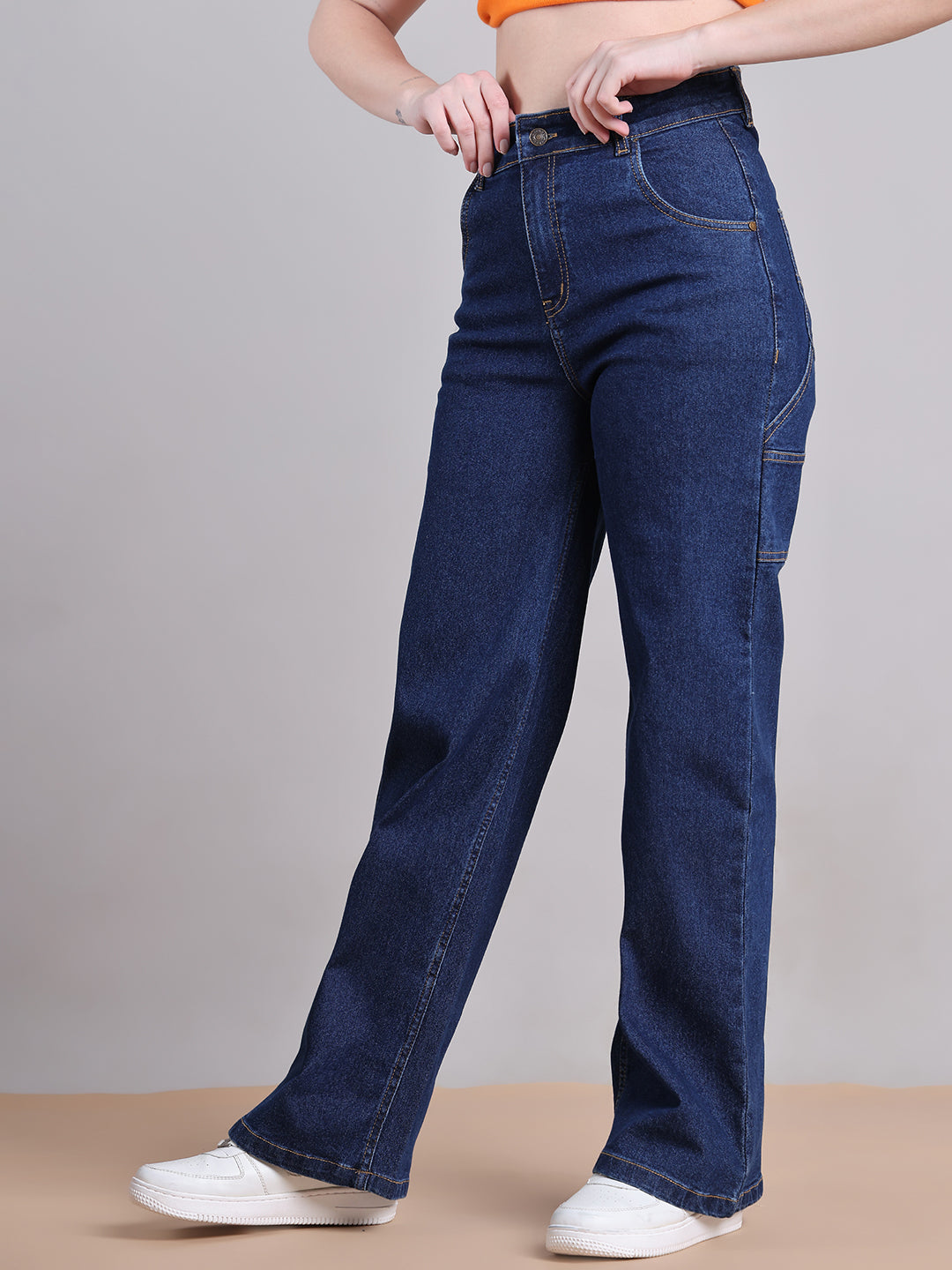 PUELLA Women Dark Blue High-Rise Utility Pocket Wide-Leg Jeans