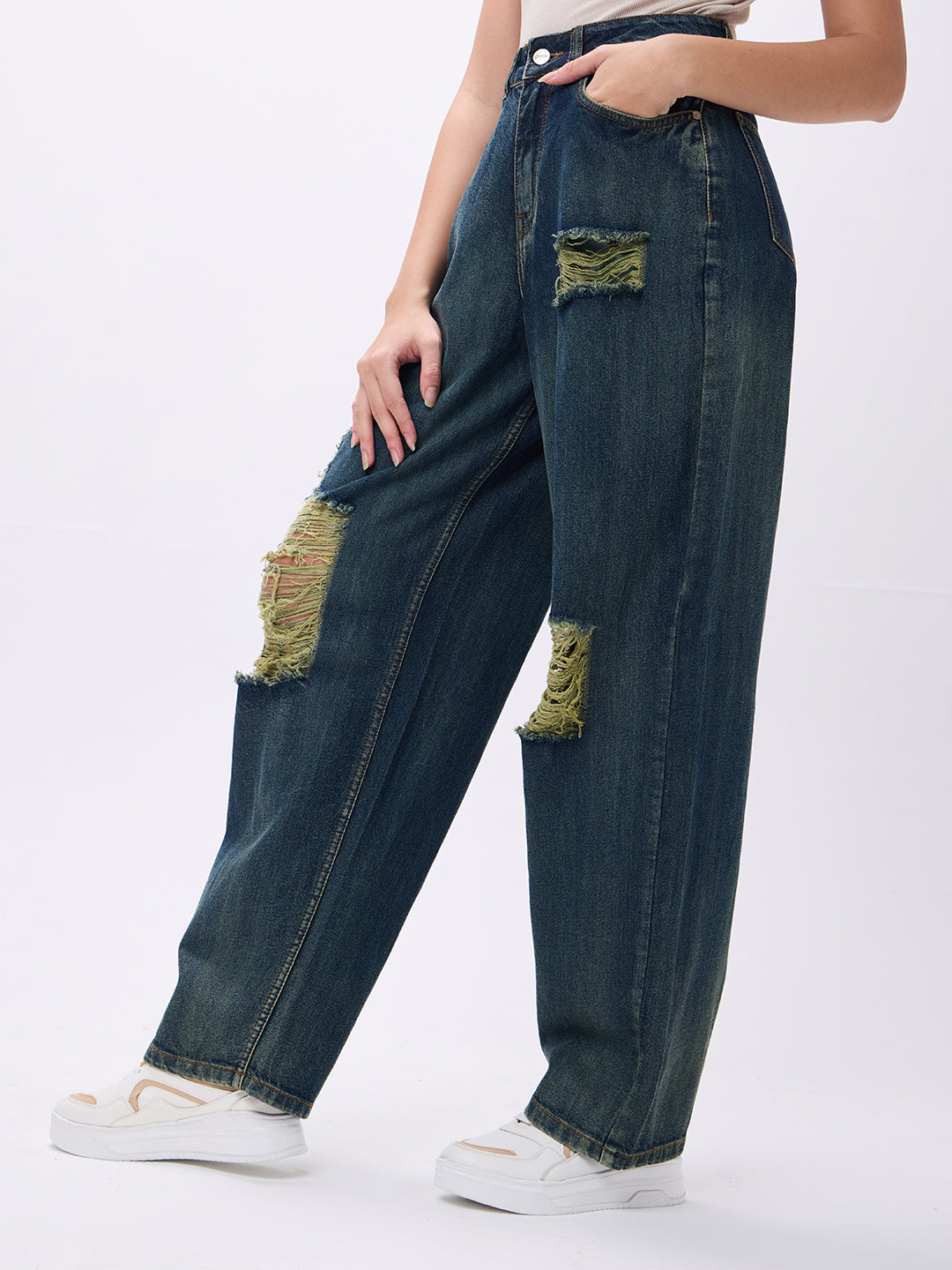PUELLA Women High-Rise Dark Blue Distressed Wide-Leg Jeans