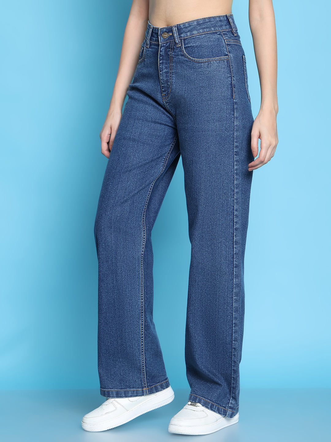 PUELLA Women’s Dark Blue High-Rise Loose Straight-Fit Jeans