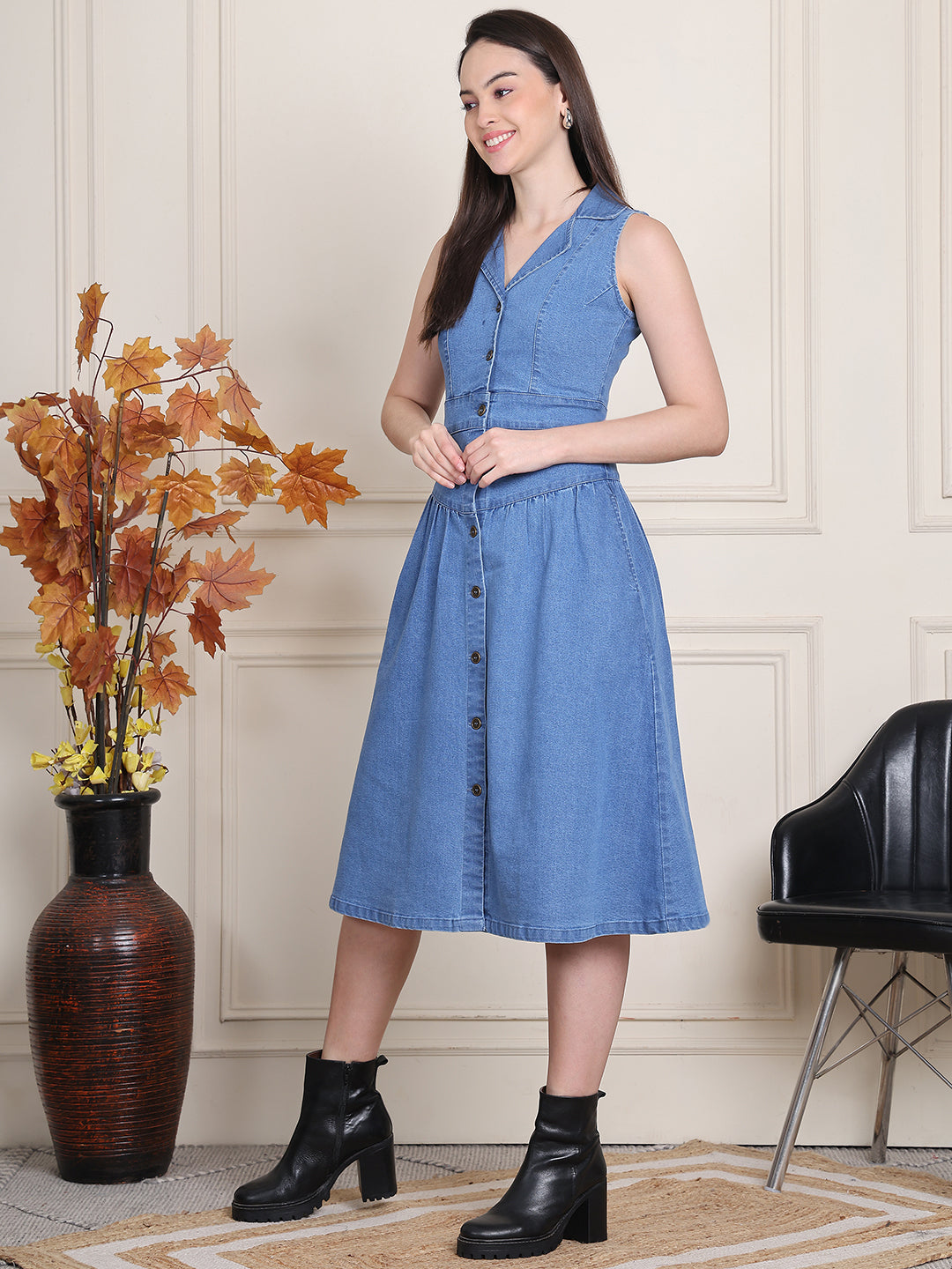 PUELLA Women’s Light Blue Sleeveless Denim Collared A-Line Midi Dress