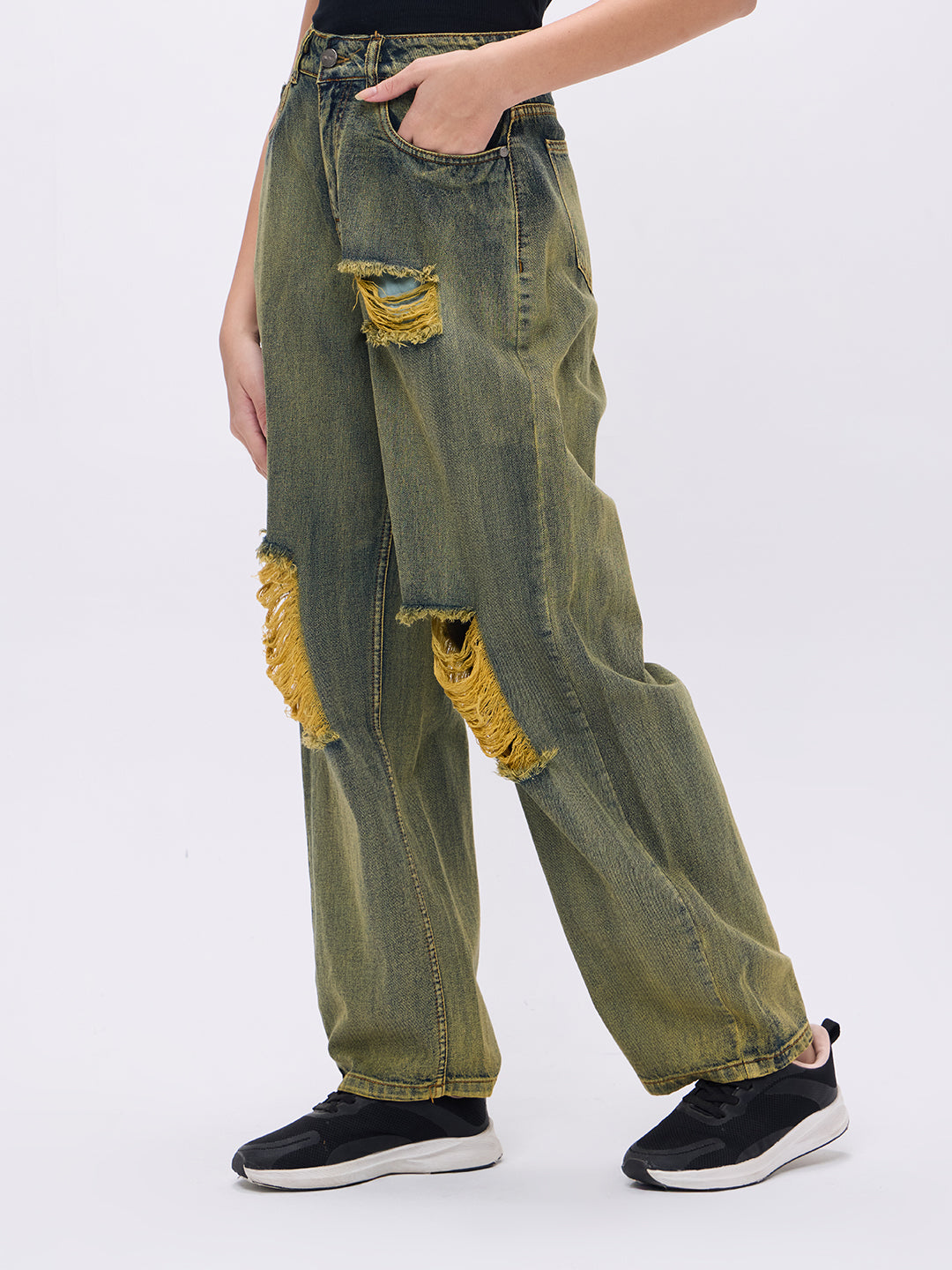 PUELLA Women High-Rise Olive Distressed Wide-Leg Jeans