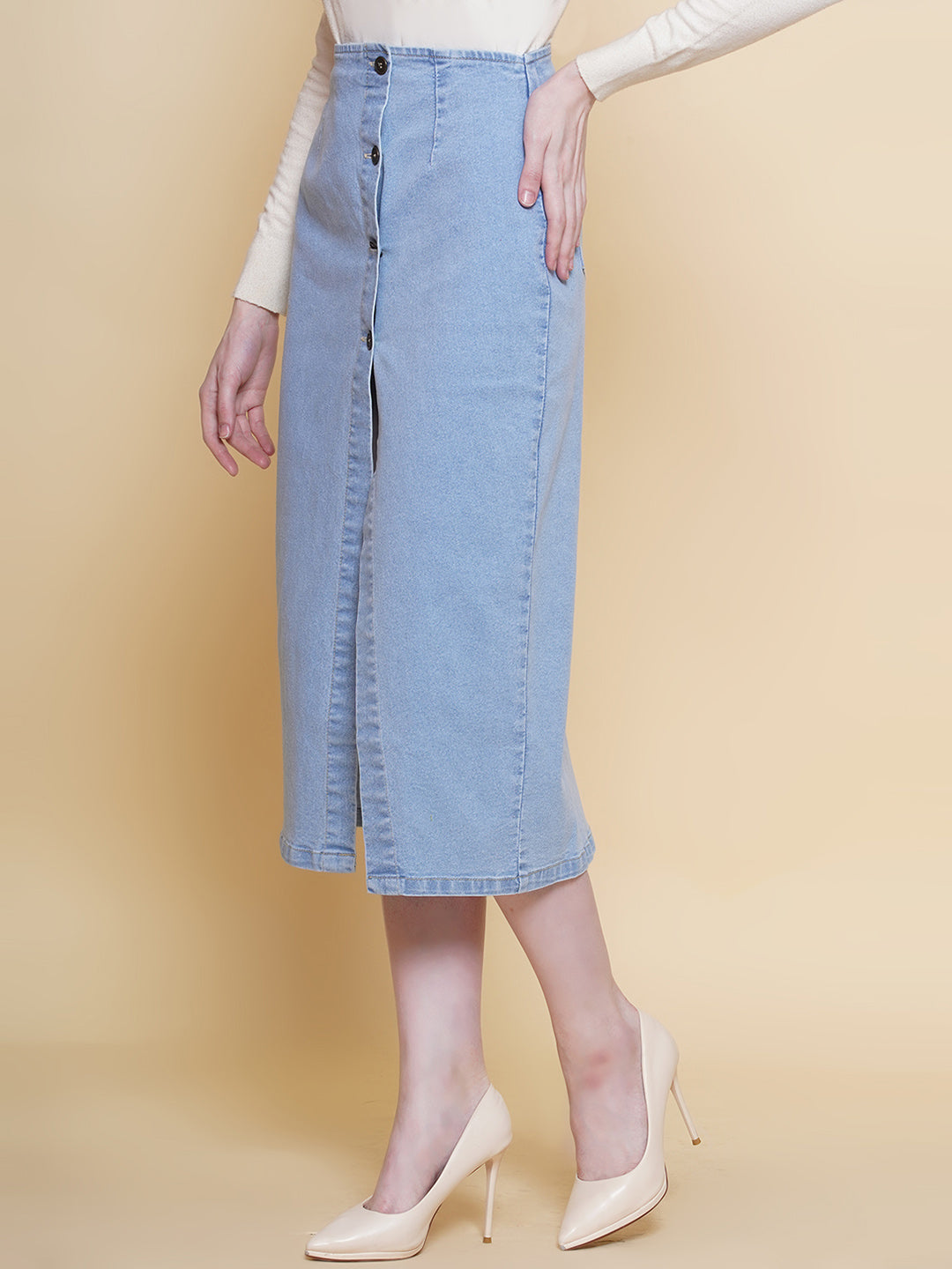 PUELLA Women’s Light Blue High-Rise Denim Midi Skirt