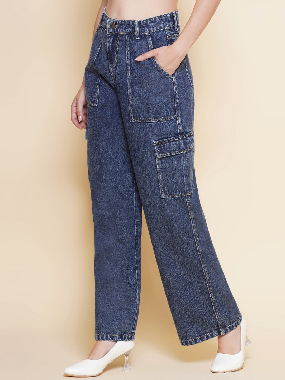 PUELLA Women’s Dark Blue Cargo Straight Fit stretchable Jeans  – Multi-Pocket Utility Denim